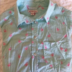 Teal Flamingo Button Down